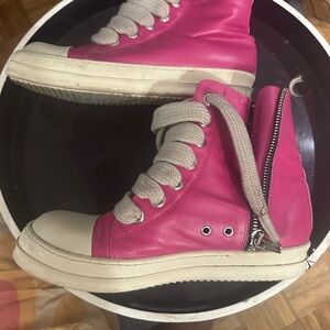 Rick Owens Pink and White High-Top Sneakers